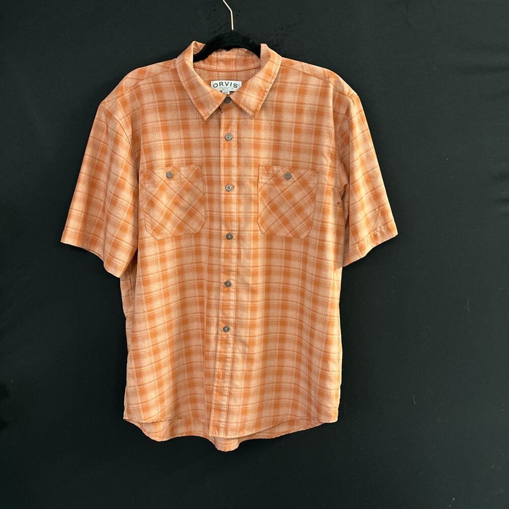 Orvis Men's Classic Collection Short Sleeve Button-Up Shirt Large Orange Plaid